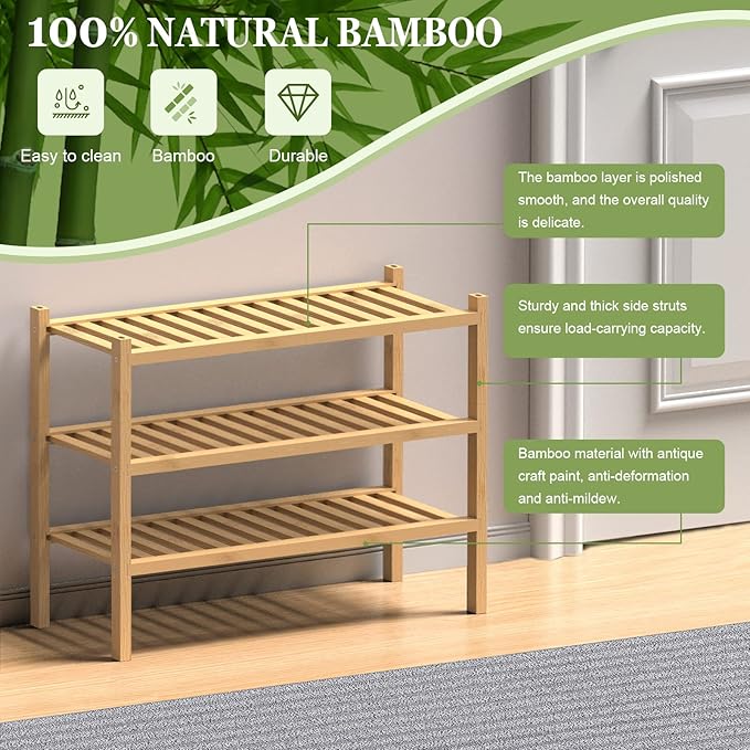 ROMGUAR CRAFT (Thick Bamboo Shoe Rack for Entryway, 3-Tier Free Standing Shoe Racks Stackable Shoe Rack Organizer for Hallway Closet Living Room 27 x12 x21 Inches