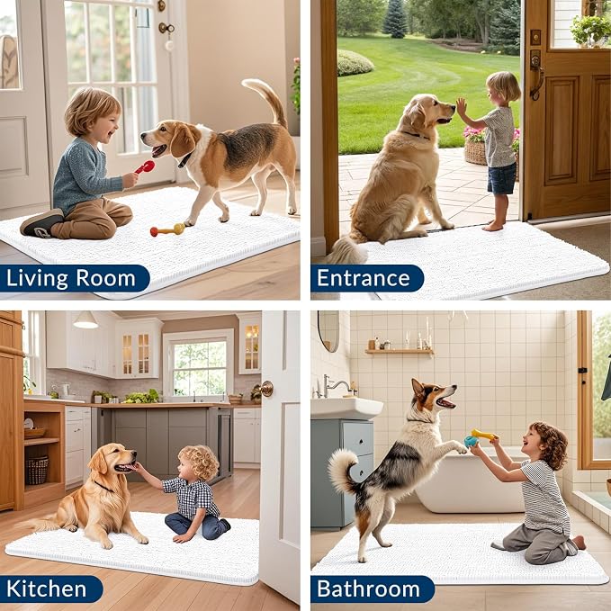 Smiry Dog Door Mat for Muddy Paws 36x24, Absorbent Dirt Trapper, Non-Slip Washable Chenille Entryway Rug for Inside Floor, White, Classic Solid