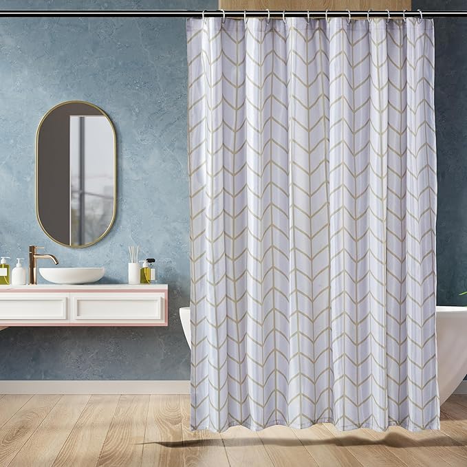 Amazon Basics Bathroom Shower Curtain, Water Resistant Fabric with Weighted Hem, Rust Resistant Grommets & Hooks, Machine Washable, 72"x72", Natural Herringbone