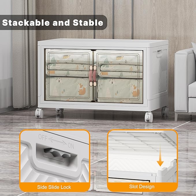 UAMFURI Stackable Storage Bins with Lids & Wheels & Door, Foldable Collapsible Closet Organizers, Extra Large Plastic Storage Drawers for Bedroom Dorm Office Garage (White-175QT, 1Pack with 1 top lid)