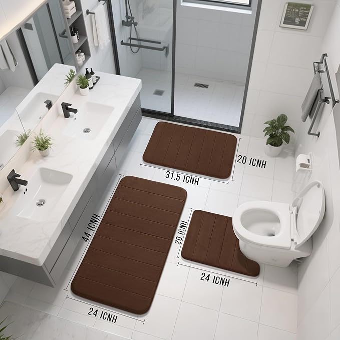 Yimobra 3 Pieces Memory Foam Bath Mat Set with U-Shaped Toilet Rug - Non Slip Super Soft Absorbent Quick Dry Bathroom Rugs for Bathtub, Vanity & Toilet Base, Brown
