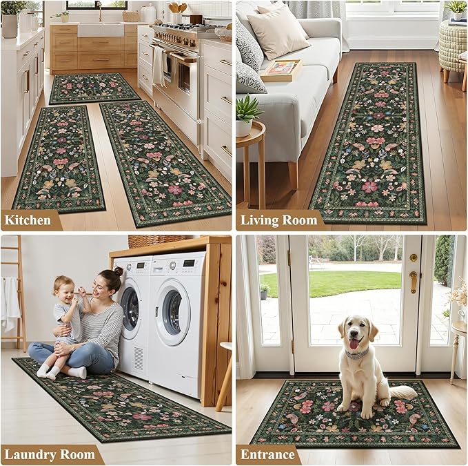 HEBE Boho Kitchen Rugs Sets of 3, Non Slip Washable Kitchen Mats for Floor, Farmhouse Kitchen Carpet Runner Rug Set for Sink, Stove, Laundry Room & Hallway
