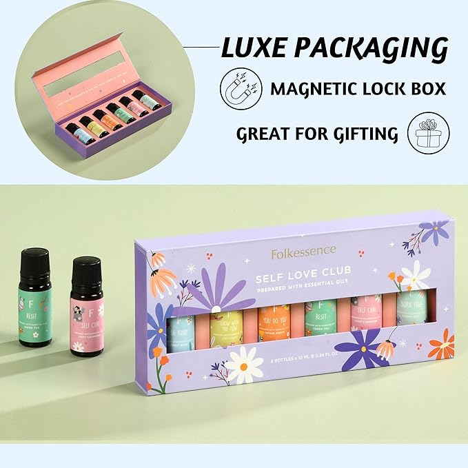 Folkulture Essential Oils Set | 6 Relaxing Fragrance Oils for Diffusers | Green Tea, Cashmere, Ocean Salt | Aromatherapy Gift Set for Her, Him | Graduation Gifts | Self-Care Lovers | Self Love Club