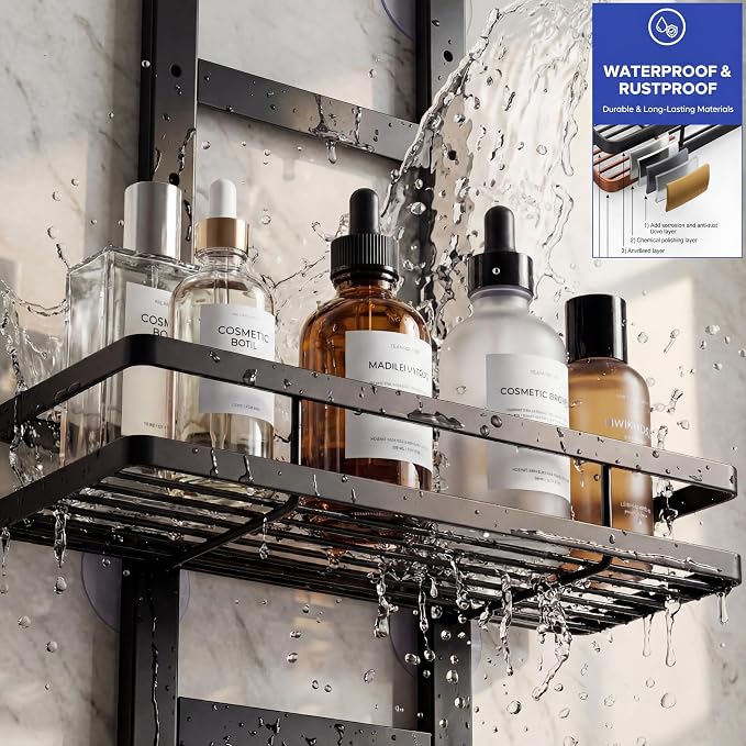 Over the Door Shower Caddy Hanging, Rustproof Shower Shelves with Waterproof Phone Pouch, 3-Tier Adjustable Bathroom Organizers and Storage, No Drilling Shower Shelf, Black Shampoo Soap Holder