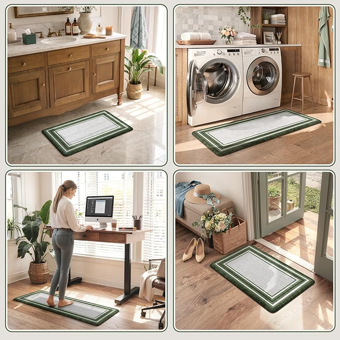 KIMODE Kitchen Mats Cushioned Anti Fatigue, Farmhouse Kitchen Rugs Sets of 2, Non Slip Kitchen Mats for Floor, Comfort Dark Green Kitchen Floor Mats for Home Decor Sink Laundry Desk 17"x47"+17"x29"