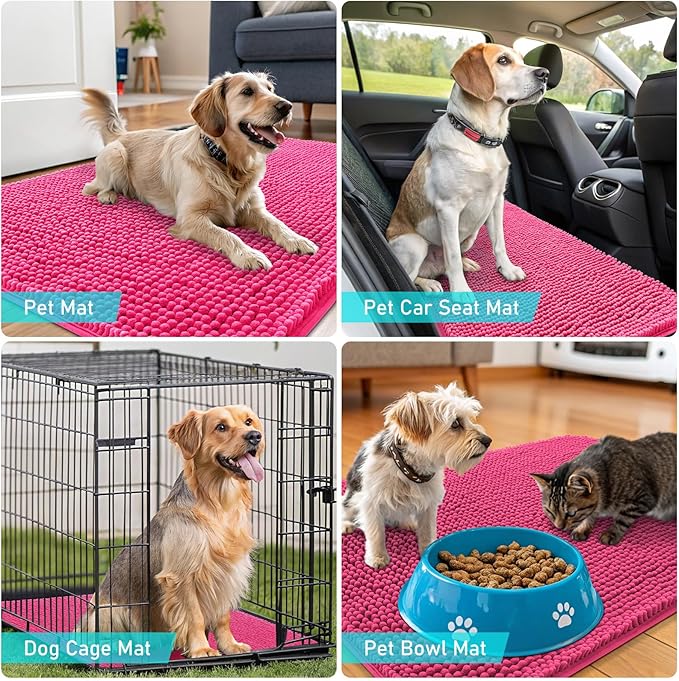 OLANLY Dog Door Mat for Muddy Paws 54x24, Absorbs Moisture and Dirt, Absorbent Non-Slip Washable Doormat, Quick Dry Chenille Mud Mat for Dogs, Entry Indoor Entryway Carpet for Inside Floor, Hot Pink