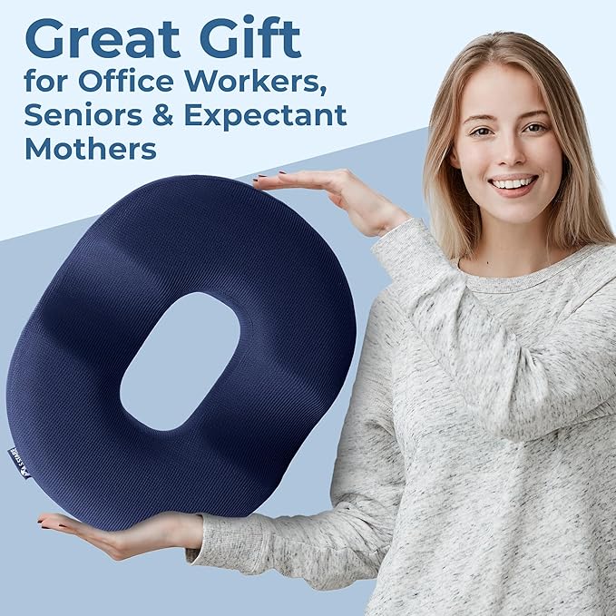 5 STARS UNITED Donut Pillow for Tailbone Pain & Hemorrhoids – Large Memory Foam Seat Cushion for Bed Sore-Prone Areas & Pressure Relief – Prostate, Postpartum & Pregnancy Support, Blue Mesh Cover