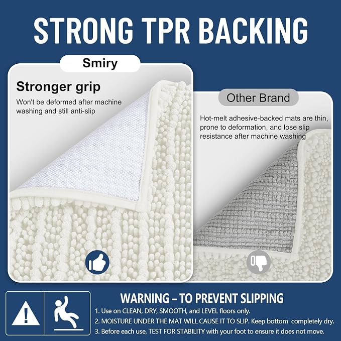 Smiry Bathroom Rugs Mat 34x21, Extra Soft Absorbent Chenille Bath Rugs, Non Slip Rubber Backing Machine Washable Quick Dry Bath Mats for Bathroom Floor, Tub, Shower, Home Decor Accessories, Ivory