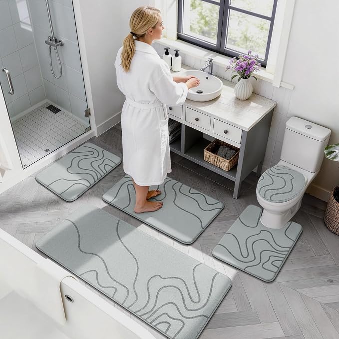 YIHOUSE Memory Foam Bathroom Rugs Sets 2 Piece - Extra Thick Ultra Soft Absorbent Bath Mat Set, Non-Slip Machine Washable Bath Rugs for Bathroom, Tub & Shower, Home Decor (17"x24"+20"x46", Grey)