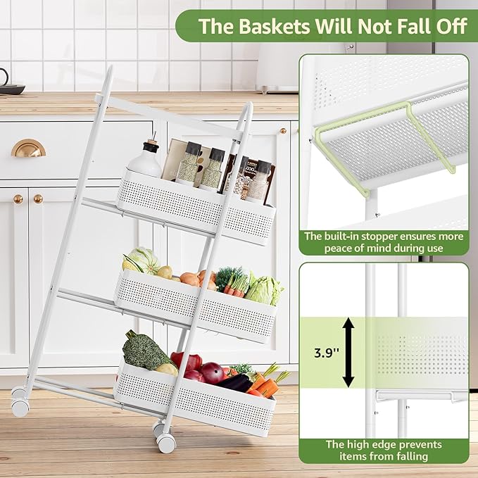 KINGRACK 4-Tier Slim Storage Cart with 3 Pull Out Basket, Rolling Bathroom Organizer Utility, Metal Shelving Unit Slide Out, Lockable Wheels, Easy Assembly for Narrow Place, Kitchen, Office, White
