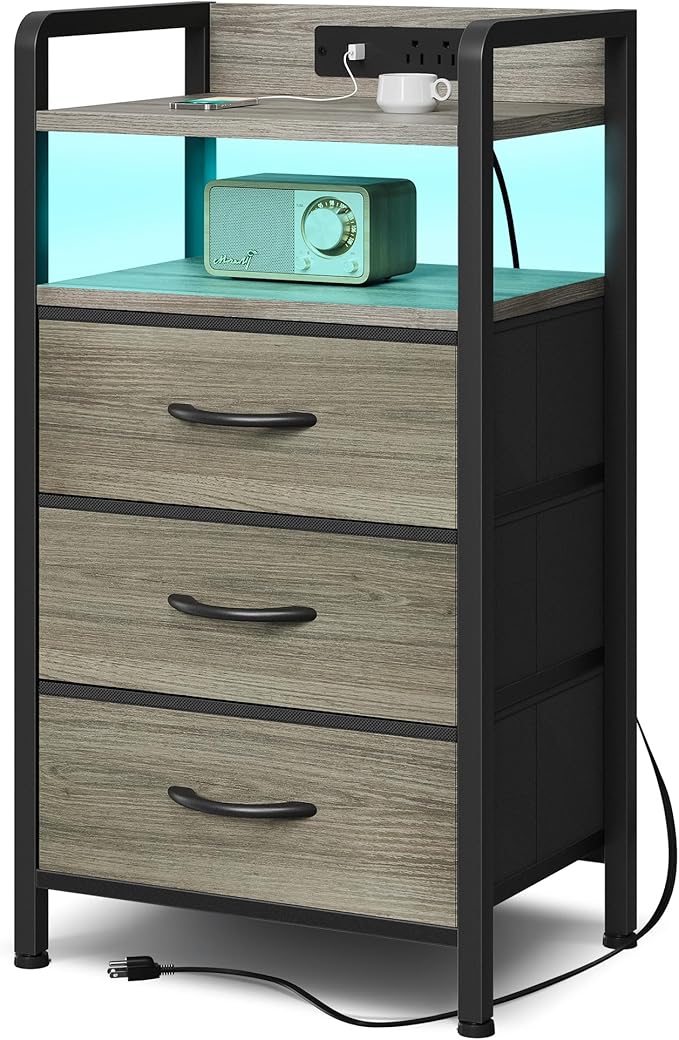Lazzanto Night Stand with Charger Station - Grey Nightstand with LED Light Strip, Morden Bedside Table with USB Ports & AC Outlets, End Table with Storage Shelf & 3 Fabric Drawers