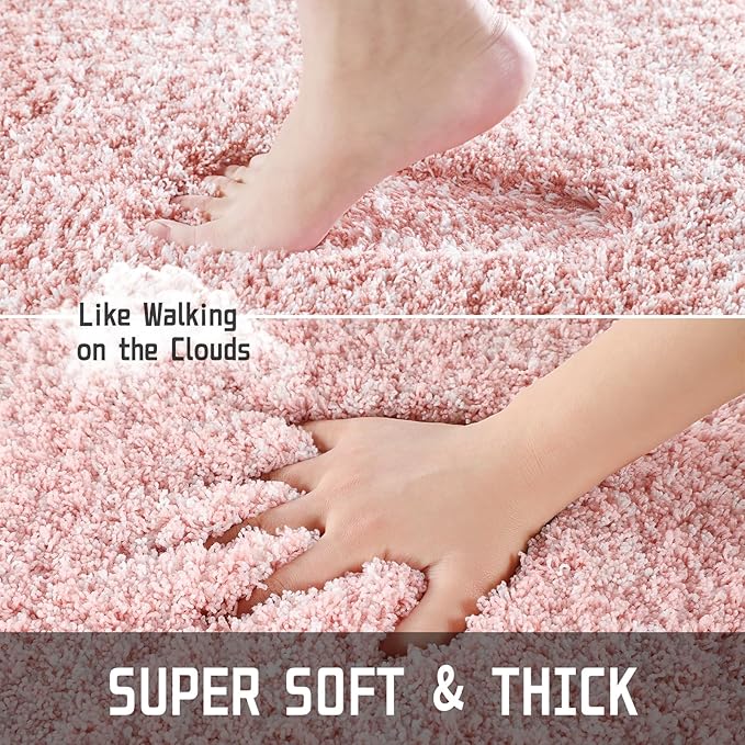 Yimobra Bathroom Rugs Non Slip Washable 36X24, Ultra Soft and Water Absorbent Bath Mats, Plush Fluffy Shower Mat Outside, Luxury Microfiber Thick Matts for Bathroom Floor/Tub, Light Pink and White