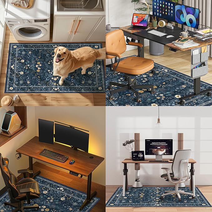 Office Chair Mat for Hardwood Floor & Tile Floor,36"X 48" Heavy Duty Desk Chair Mat for Hard Floors, Under Desk Rug for Rolling Computer Chair,Anti Slip,Low Pile Carpet Floor-Dark Blue Floral Print