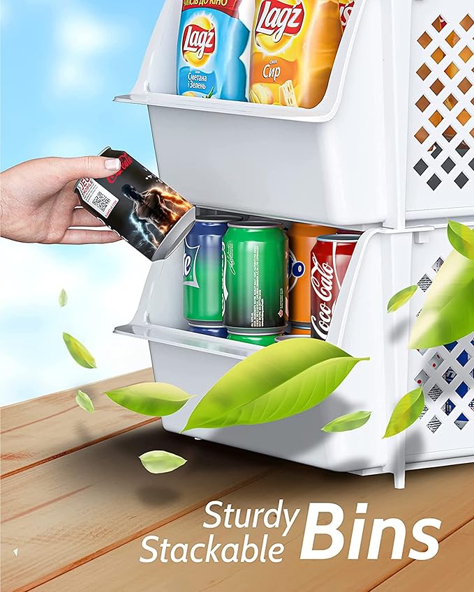 TidyFriend 4 Pack Stackable Storage Bins Open Front for Pantry Organizers and Storage, Pantry Storage for Food, Kitchen and Home Organization, Plastic Storage Bins, Dorm Room Essentials (White)