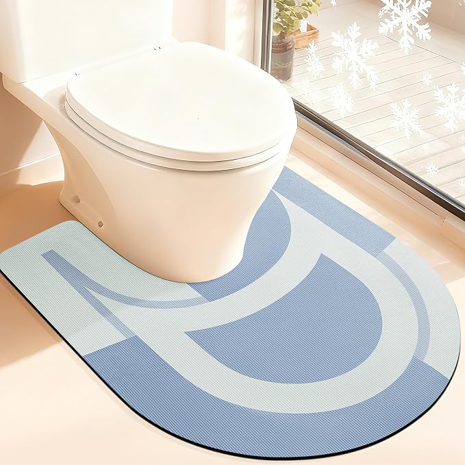 ACCUMTEK Non Slip Bath Mat, Thin Bathroom Rugs Fit Under Door, Quick Dry Bath Mats, Machine Washable Bath Rugs for Bathroom, Bathtub & Kitchen, Blue/Bordered/U-Shaped 24"x20"