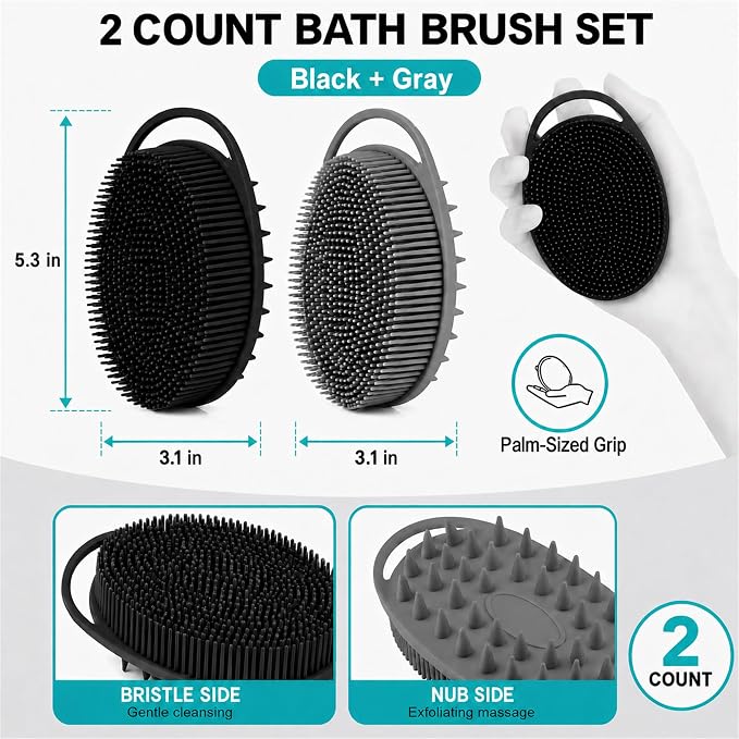 2 Pack Silicone Body Scrubber, Loofah Double-Sided Body Brush,Shower Scrubber and Scalp Massager Shampoo Brush for Sensitive Kids Women Men All Kinds of Skin (Black & Gray)