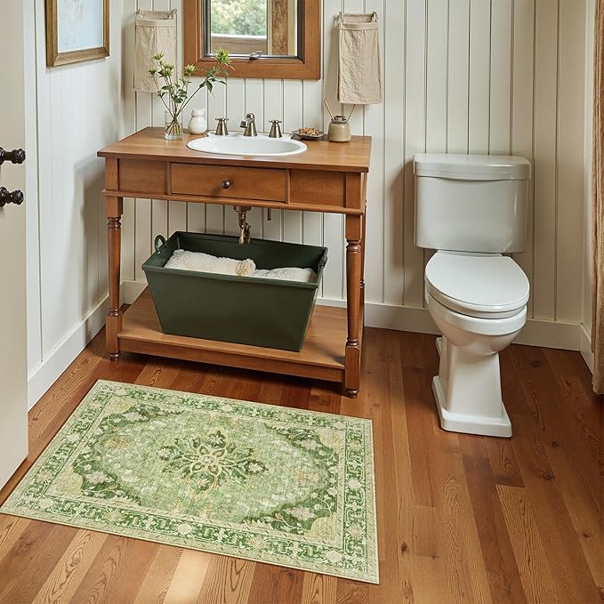 RELEANY Area Rugs Small 2'x3' Washable Non-Slip, Floral Vintage Distress Medallion Carpet for Kitchen Entryway Bathroom, Sage Green Yellow