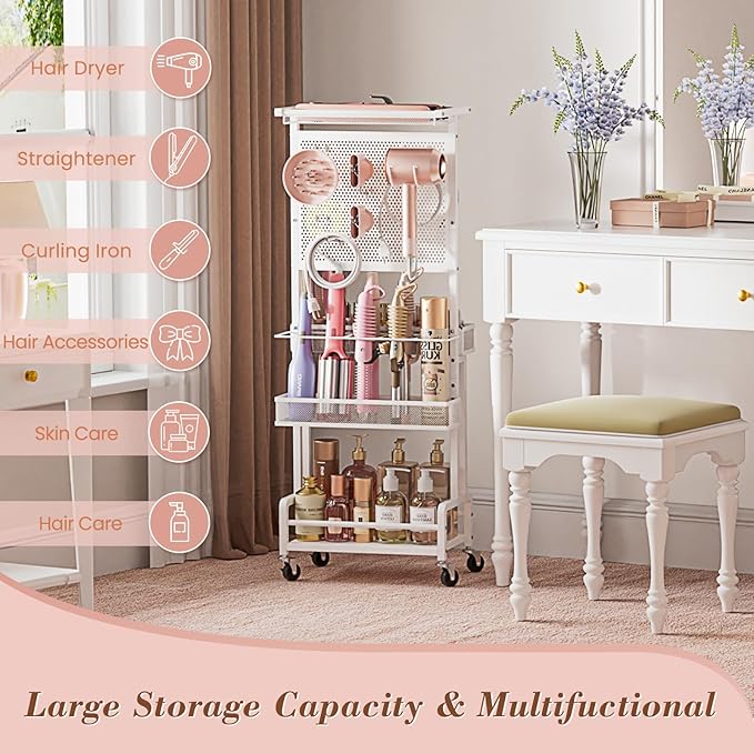 Hair Tool Organizer Cart with Hair Dryer Holder, Narrow Bathroom Storage Cart for Curling Flat Iron & Hot Tools, Slim Hair Appliance Organizer for Vanity Styling Tools, Salon Cart with Tray on Wheels