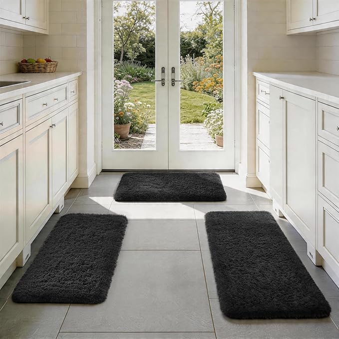Ophanie Small Rug Washable Non Slip Throw Bedside Area Rugs, Fluffy Soft Mini Bedroom Carpet, 1.5x2.5，1.5x4 and 1.5x5 Rug Set, 3 Piece Black