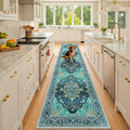 RELEANY Area Rugs Runner 3'x10' Washable Non-Slip, Floral Vintage Distress Medallion Carpet for Kitchen Hallway Bedroom Beside Laundry Room Bathroom, Teal Green Lake Blue Turquoise