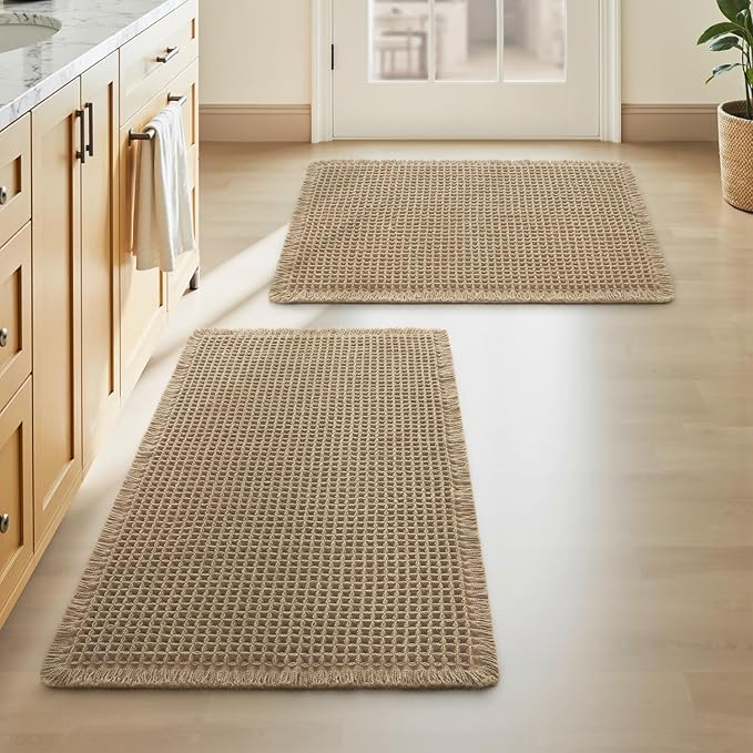 Upgraded Waffle Bath Mats Set of 2, Super Absorbent Non Slip Bath Mats for Bathroom Floor, Washable Boho Bathroom Rugs Set 2 Piece with Tassels, Soft Bathroom Mat Set, 18" x 30" (2 Pack), Brown