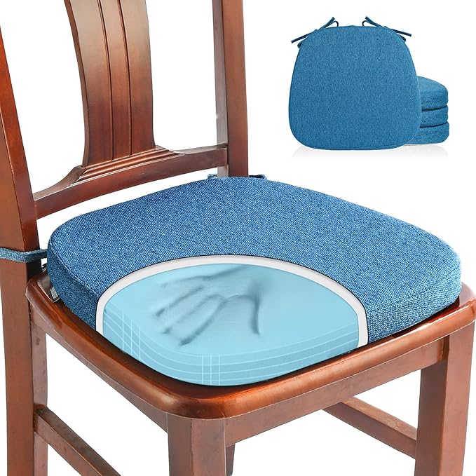 SINOSSO 4 Pack Memory Foam Chair Cushions for Dining Chairs, Friendly Woven Fabric 16" U-Shape Comfortable Kitchen Chair Pads, Removable Slip Resistant Seat Cushions (Set of 4, Blue)
