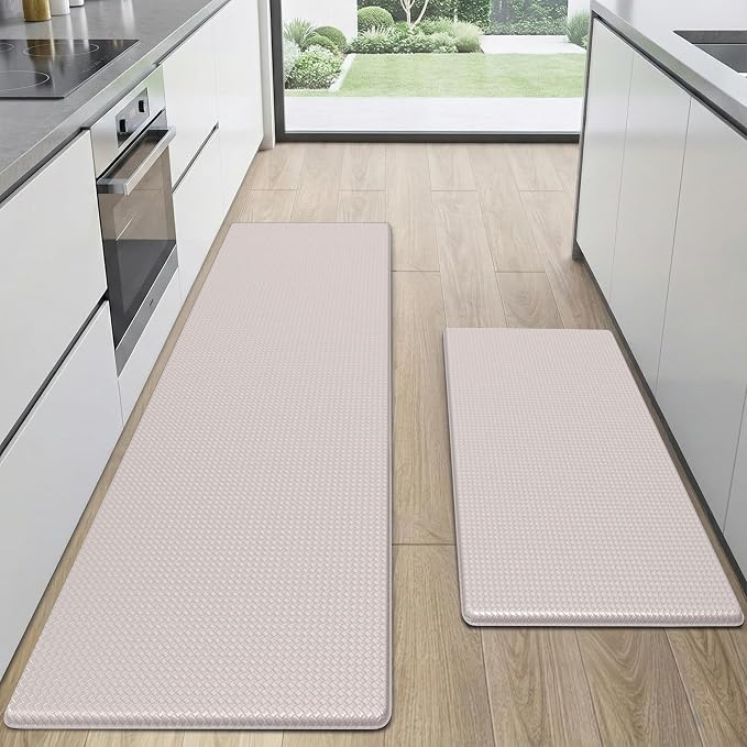 Kitchen Mats for Floor 2 Piece - 17"x29"+17"x59" Anti Fatigue Mats for Kitchen Floor - Non Slip Cushioned Rugs for Standing - Ivory