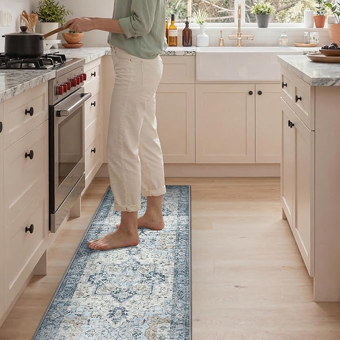 GENIMO Kitchen Rugs Non Slip Washable, 2PCS Kitchen Mats for Floor, Cushioned Standing Mat, Kitchen Runner Rug Floor Mat for Kitchen Decor, Laundry, Sink, Entryway, Home, 20"x32"+20"x59", Blue