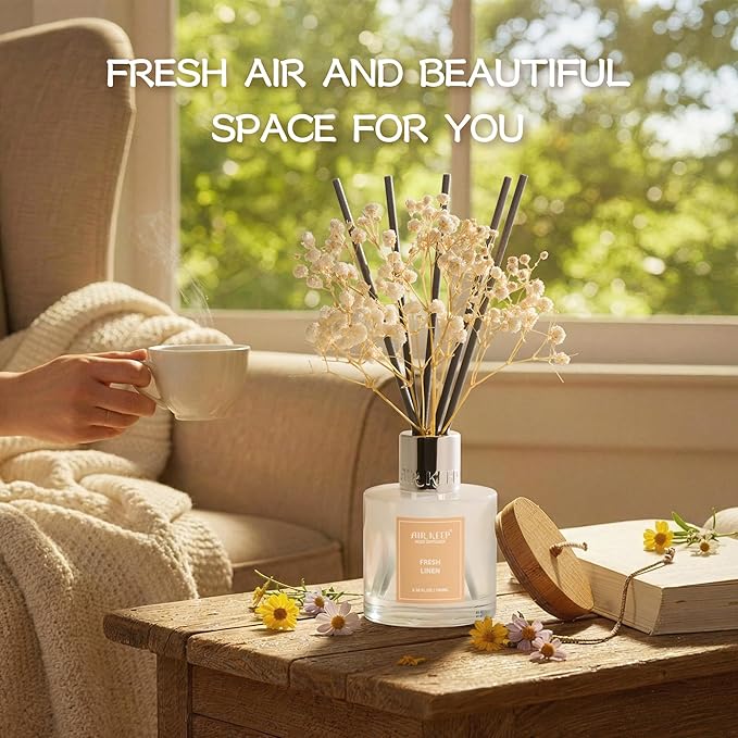 Airkeep Reed Diffuser Set,3.38 fl oz (100 ml) - Fresh Linen Oil Diffusers with 8 Reed Sticks, Home Fragrance Reed Diffuser for Bathroom Shelf Decor