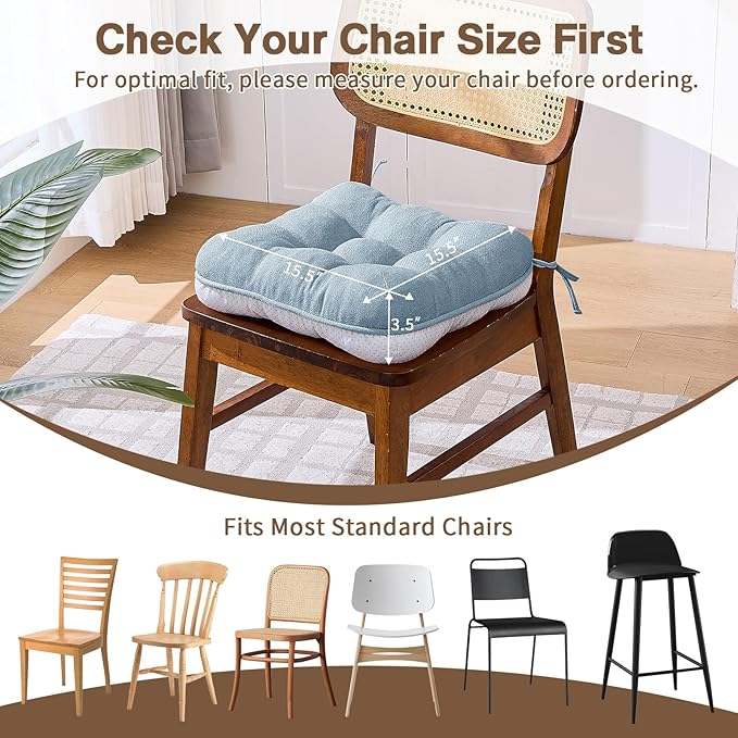 BETU Chair Cushions for Dining Chairs Set of 4,3.5" Thick Kitchen Table Chair Pads with Ties,Non Slip Backing and Covers, Seat Cushion for Dining Room,Bar,Patio Chairs,15.5"X15.5"X3.5",Smoky Blue