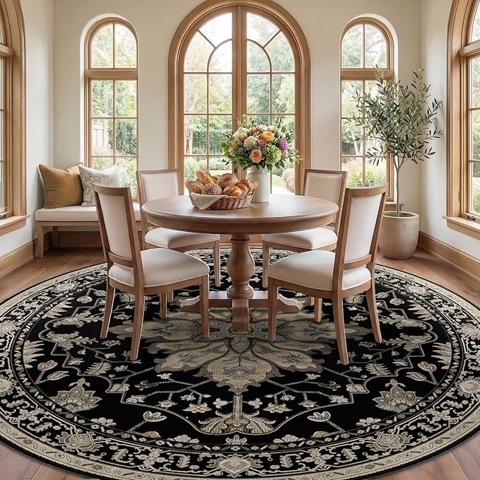 RELEANY Area Rugs Round 8ft Washable Non-Slip, Floral Vintage Distress Medallion Carpet for Living Room Bedroom Dining Room, Black Brown Neutral Dark Tan