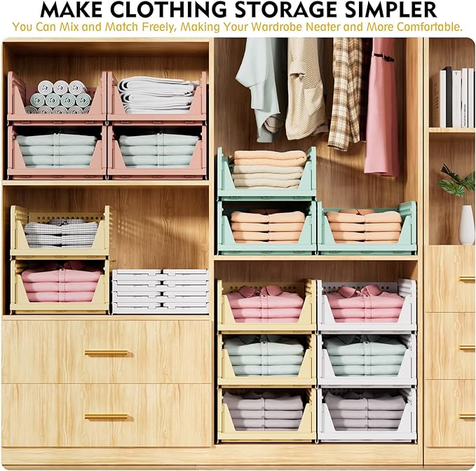 SNSLXH 5 Pack Stackable Closet Storage Basket, Multifunctional & Foldable Closet Organizer for Bathroom Kitchen Laundry Room Wardrobe Storage, Space-Saving Clothes Storage Drawer Organizer, White
