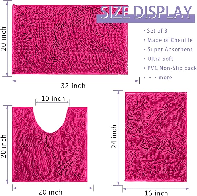 Deep Pink Plush Bath Set - 3 Piece Anti-Slip Mats, Soft Chenille Shaggy Mat for Bathroom, Bedroom & Living Room, Water Absorbent