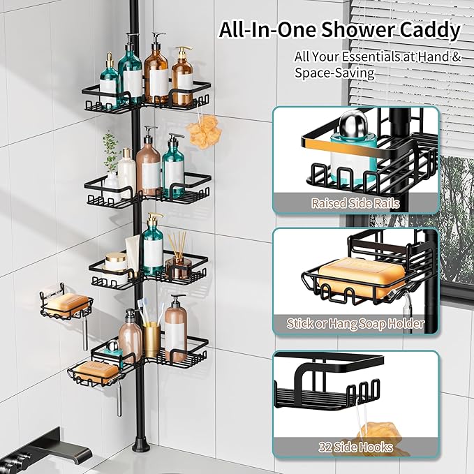 KEGII Shower Caddy Tension Pole, with 2-in-1 Soap Holders x 2 & 32 Hooks, Stainless Steel Adjustable Corner Shower Organizer for Bathroom, 25–114.2 Inches, Black