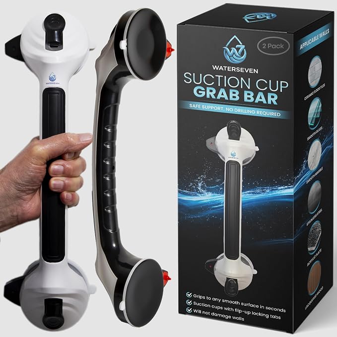 Suction Grab Bars for Shower 2-Pack, Extra-Strong Suction Cup Bathroom Grab Bar Handle w/Green Safety Indicator, No-Drill Removable Shower Handle for Seniors, Elderly & Handicap