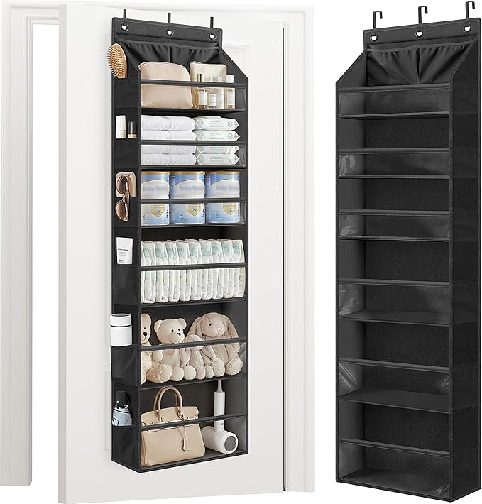 STORAGE MANIAC Over the Door Organizer 6-Shelf Closet Hanging Storage with 14 Mesh Pockets, 66lbs Capacity Clear Deep Pockets Behind Door Storage for Nursery, Bathroom, Bedroom, 1 Pack Black