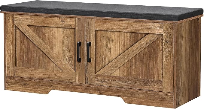 HOMSHO 2-Tier Storage Bench, 39.4" Wide Shoe Bench with Padded Seat Cushion, Entryway Bench with 2 Barn Doors and Adjustable Shelf, Rustic Walnut