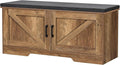 HOMSHO 2-Tier Storage Bench, 39.4" Wide Shoe Bench with Padded Seat Cushion, Entryway Bench with 2 Barn Doors and Adjustable Shelf, Rustic Walnut