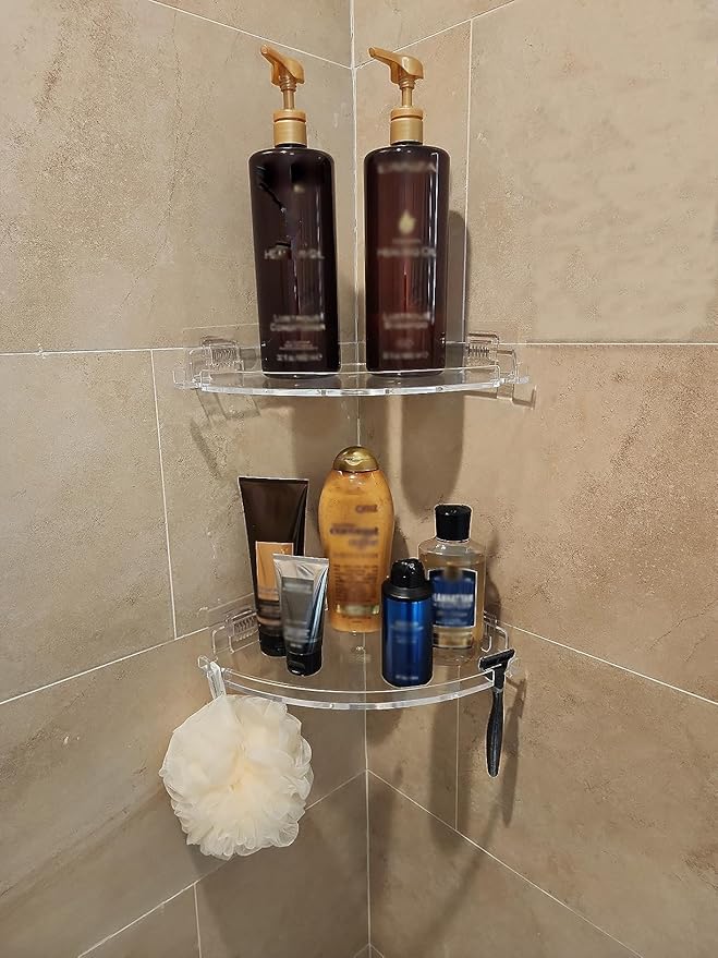 JiePai Acrylic Corner Shower Caddy Shelf with Hooks 2 Pack, Adhesive Wall Mounted Bathroom Shower Organizer for Inside Shower & Kitchen Storage, Space-Saving Design