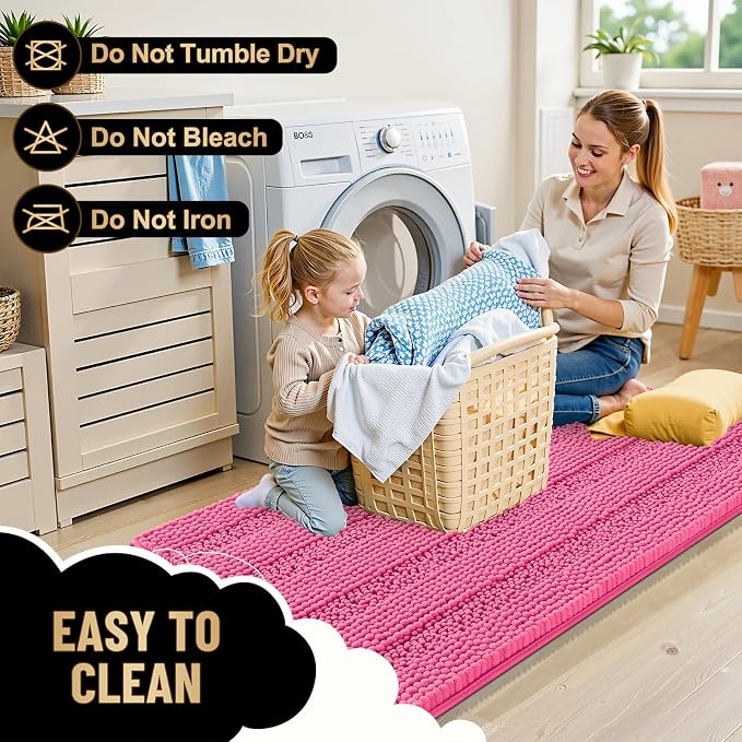 OLANLY Thick Bathroom Rugs 36x24, Extra Soft Absorbent Chenille Striped Bath Rugs, Rubber Backing, Machine Wash Dry, Bath Mats for Bathroom Floor, Tub and Shower, Home Decor Accessories, Hot Pink