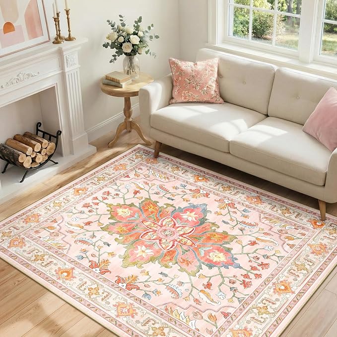 RELEANY Area Rugs 4'x6' Washable Non-Slip, Floral Vintage Distress Medallion Carpet for Living Room Bedroom Dining Room, Light Pink Colorful