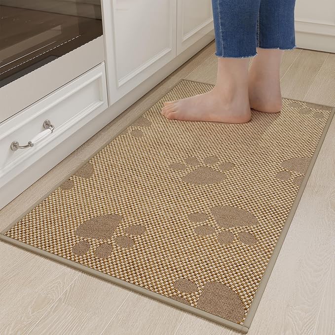 YDKGL Kitchen Mats for Floor, Super Absorbent Kitchen Rugs Non Slip Washable, Rubber Backing Soft Woven Linen Embroidery Runner Rug, Standing Mat Kitchen Sink Mat, Easy to Clean, Brown 17x30