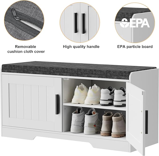 Homleke 2-Tier Storage Bench, Shoe Bench with Thickened Padded Seat Cushion, Entryway Bench with 2 Doors, Adjustable Shelf, 13.8" D x 37.4" W x 18.5" H, for Entryway, Living Room, Bedroom, White