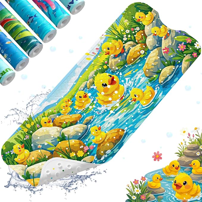 XIYUNTE Baby Bath Mat for Tub Non Slip Kids, BPA Free Extra Long Bathtub Mat 40x16 with Drain Holes and 200 Suction Cups, Non Toxic Machine Washable Toddler Bath Mat, Eco-Friendly Certified
