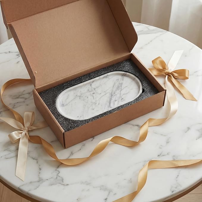 YKAJO Oval Real Marble Tray for Bathroom Kitchen Counter Stone Decorative Vanity Tray for Dresser Perfume Heavy Catchall Organizer for Soap Jewelry (Carrara White, 11.8" x 5.9")