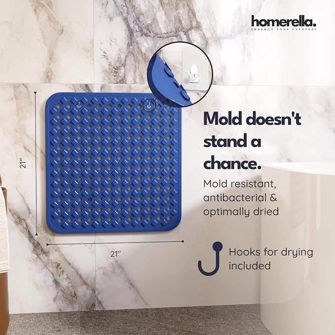 homerella® Shower Mat Non Slip Anti Mold, Non Slip Shower Mats for Inside Shower Stall Anti Slip Mat, Square Shower Floor Mat 21 x 21 in with Suction Cups & Hooks for Quick Drying, Machine Washable