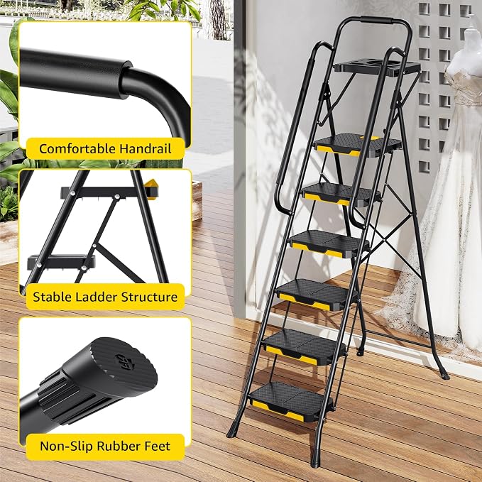 Urackify 6 Step Ladder, Folding Ladder for Multi-Purpose, Home, Kitchen, Heavy Sturdy Steel Portable Step Stool with Handrail, Safe-Lock Design, Anti-Slip Wide Pedals, Pass 500lbs Load Testing, Black
