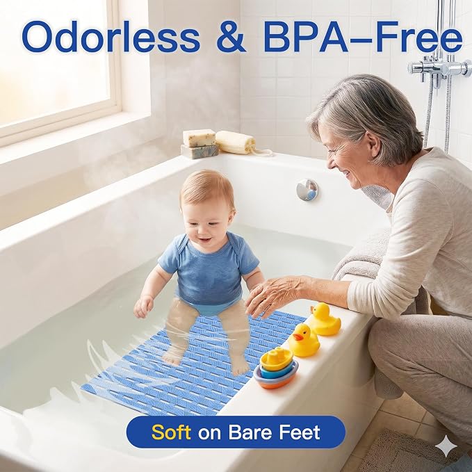 Non Slip Bathtub Mat - Shower Mats for Inside Shower, Rectangular PVC Tub Mat with 200+ Suction Cups for Safety, 27x16 Inch, Pastel Blue