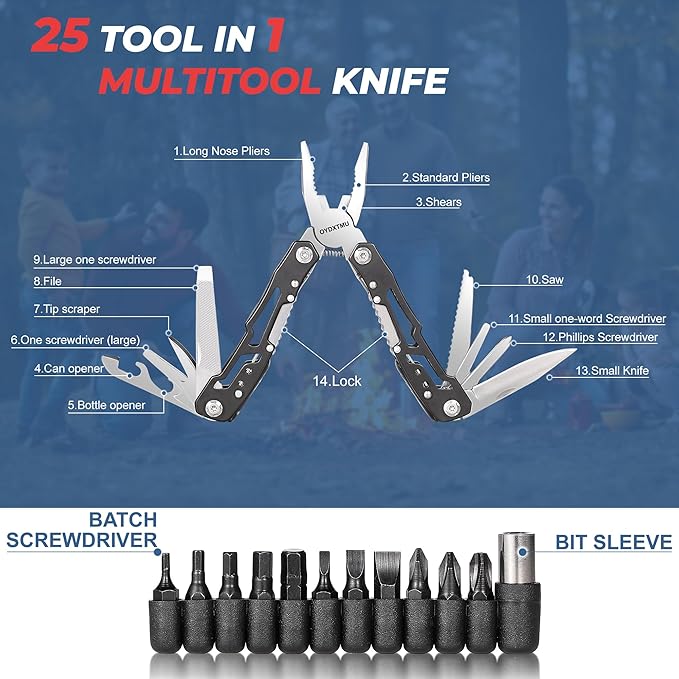 Outdoor 25-In-1 Mini Multitool plier,Portable EDC Gear with Safety Locking,Nylon Sheath,All-in-One Utility for Camping Hiking Survival,Birthday/Christmas Gifts for Dad Husband Boyfriend - silver
