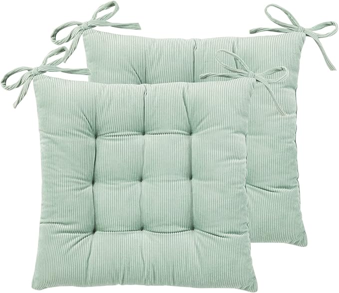 HLOVME Corduroy Chair Cushion with Ties Ultra Soft Warm Floor Cushion for Kids Reading Nook Comfortable Square Seat Cushion for Adult 15.7”x15.7” Set of 2, Green